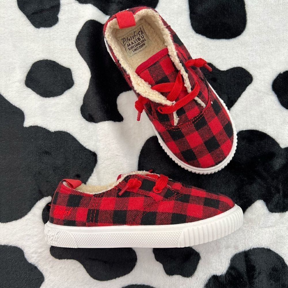 Malibu Blowfish Kids Red and Black Buffalo Check Print Sneakers - Picture 2 of 9